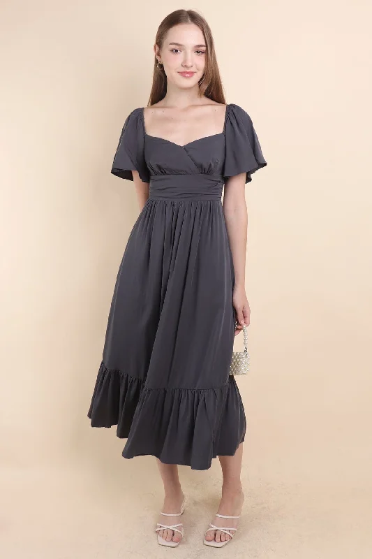 CECE FLUTTERS MAXI DRESS IN GUN GREY Chic Off-Shoulder Maxi Dress