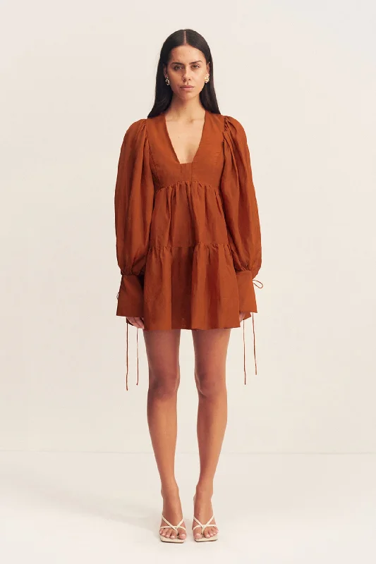 CELESTE LONG SLEEVE MINI DRESS - RUST Fashionable Denim Mini Dress