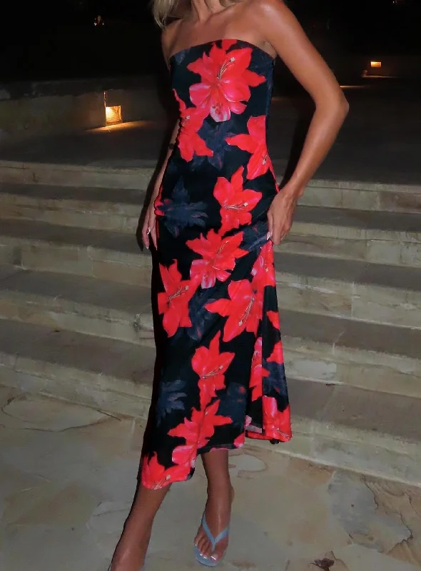 Celik Strapless Maxi Dress Black / Floral Chic Off-Shoulder Maxi Dress