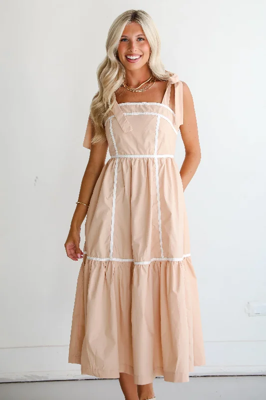FINAL SALE - Cheerful Effect Taupe Midi Dress Stylish Button-Down Midi Dress
