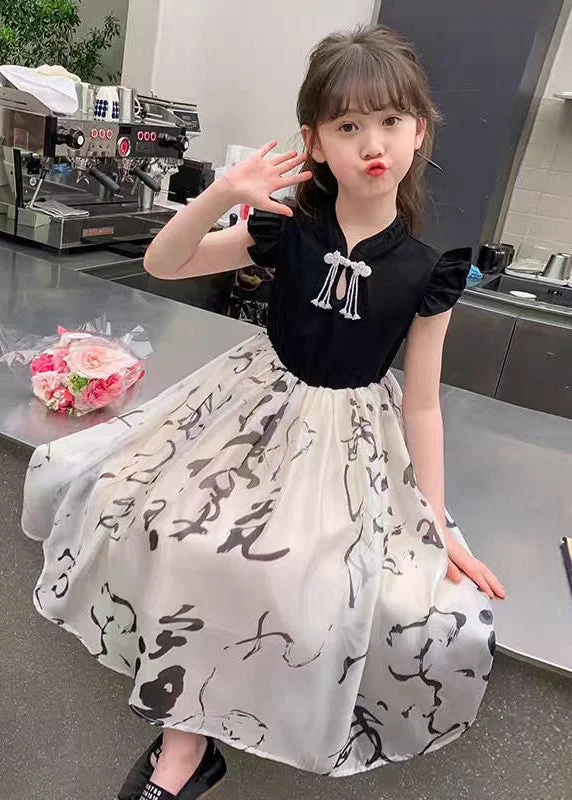 Chic Colorblock Stand Collar Print Kids Maxi Dress Short Sleeve MN005 Fashionable High-Waist Maxi Dress