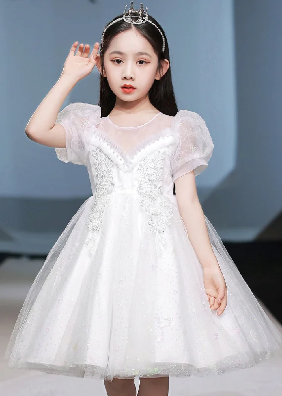 Chic White Nail Bead Patchwork Tulle Girls Vacation Maxi Dresses Short Sleeve XZ042 Stylish Off-Shoulder Maxi Dress
