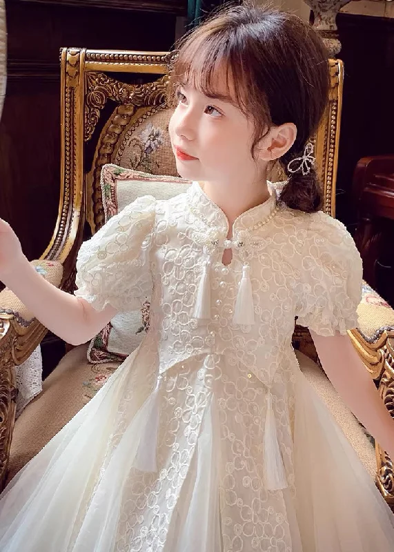 Chinese Style Beige Stand Collar Nail Bead Tulle Girls Maxi Dress Summer XZ036 Elegant Lace Maxi Dress