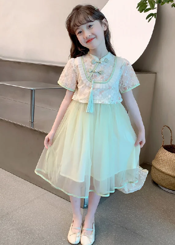 Chinese Style Green Stand Collar Tassel Fake Two Pieces Tulle Girls Maxi Dresses Summer MN009 Comfortable Casual Maxi Dress