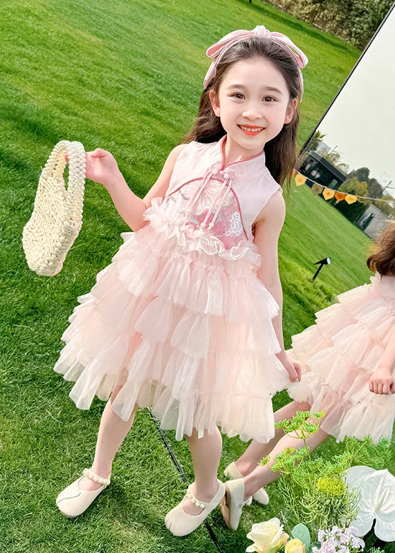 Chinese Style Pink Stand Collar Ruffled Patchwork Tassel Tulle Kids Maxi Dress Summer XZ031 Fashionable Maxi Dress with Fringe Chinese Style Pink Stand Collar Ruffled Patchwork Tassel Tulle Kids Maxi Dress Summer XZ031 Fashionable Maxi Dress with Fringe