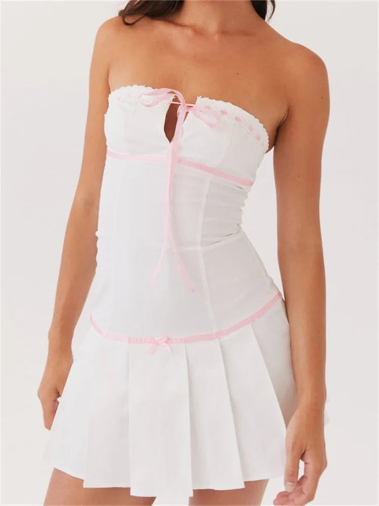 Contrast Color Strapless Bow Front Tie-Up Mini Dresses Cozy Satin Mini Dress