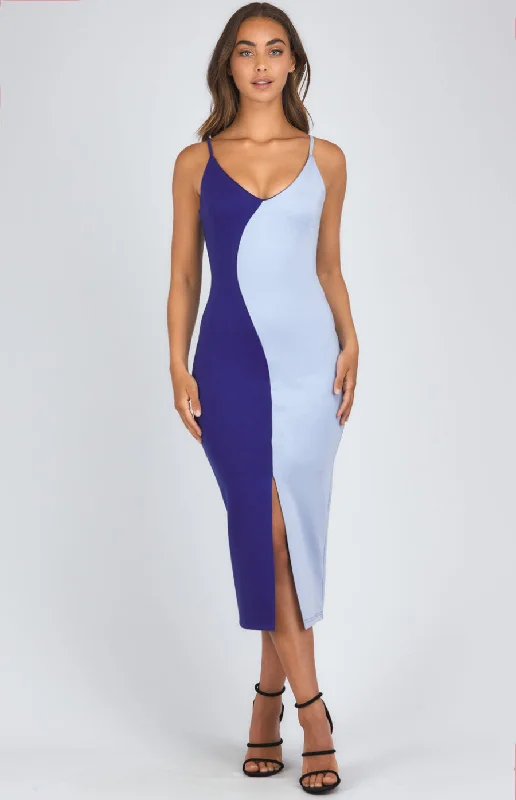 Block Colour Midi Dress With Front Split Detail Comfortable Lace-Up Midi Dress