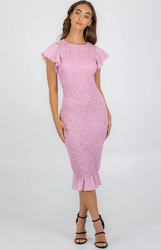 Shirred Midi Dress with  Butterfly Sleeve Stylish Button-Up Midi Dress