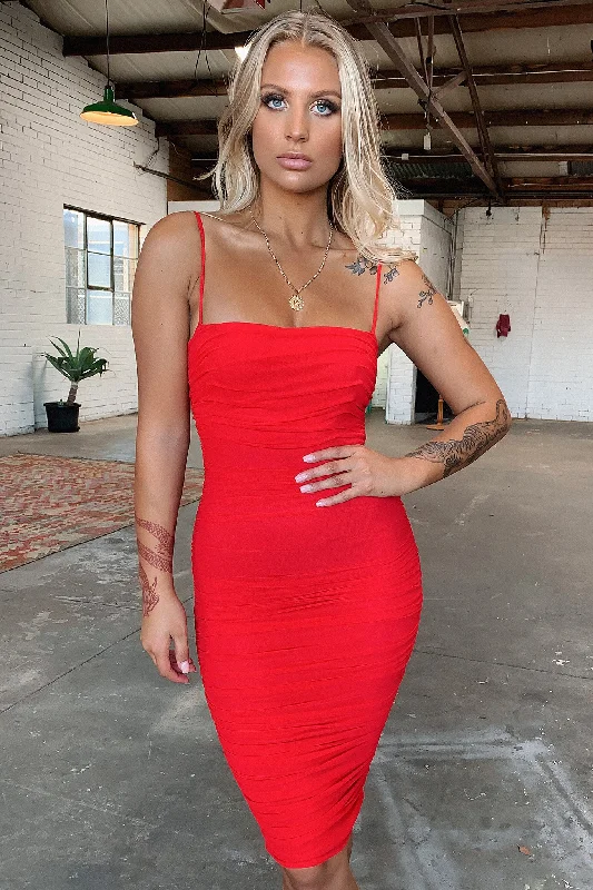 Zena Midi Dress - Red Trendy Bodycon Midi Dress