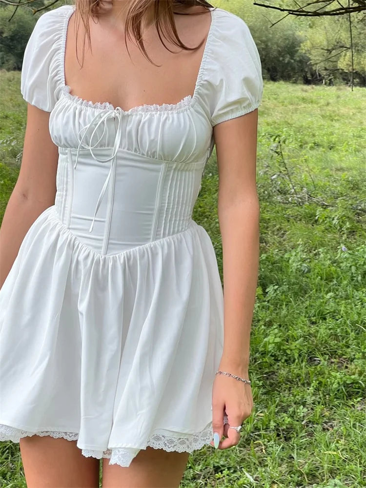 Corset Lace Front Tie-Up Short Sleeve Mini Dresses Stylish Sweetheart Neck Mini Dress