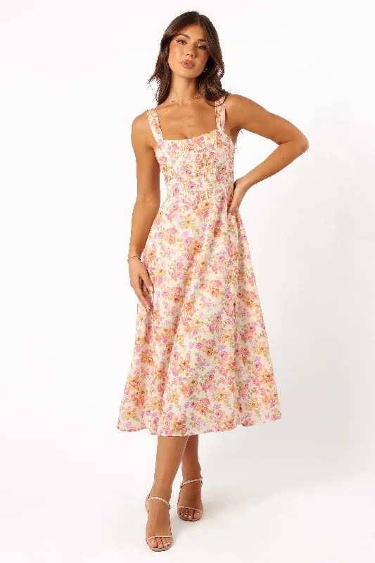 Cosima Midi Dress - Pink Floral Stylish Silk Midi Dress