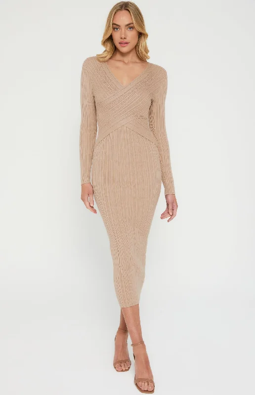 Cross Front Detail Textured Knit Midi Dress Comfortable Geometric Print Midi Dress