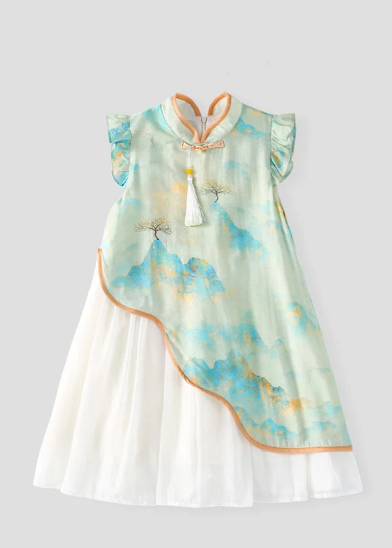 Cute Green Stand Collar Chiffon Patchwork Kids Chiffon Maxi Dress Short Sleeve MN001 Fashionable High-Low Maxi Dress