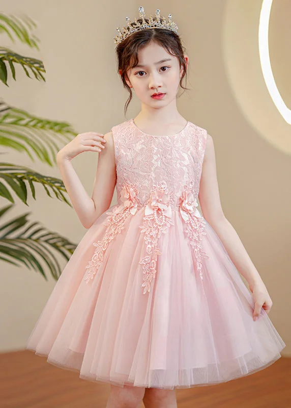 Cute Pink O-Neck Floral Pearl Tulle Girls Maxi Dress Sleeveless XZ049 Fashionable Halter Neck Maxi Dress