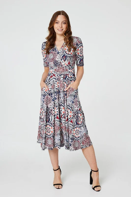 Mosaic Print Ruched Midi Dress Comfortable Draped Midi Dress