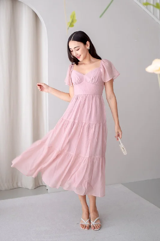 DANZEL FLUTTER SLEEVES MAXI DRESS IN PINK Comfortable Satin Maxi Dress