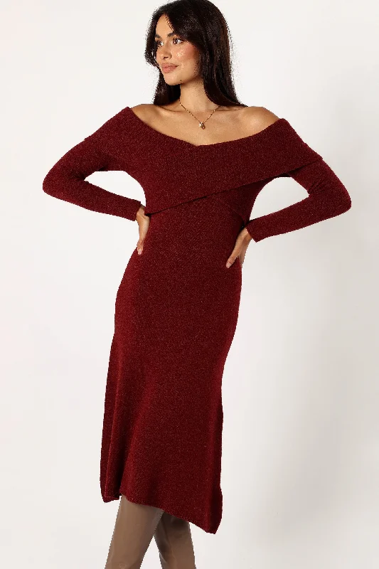 Deena Off Shoulder Midi Dress - Red Comfortable Denim Midi Dress