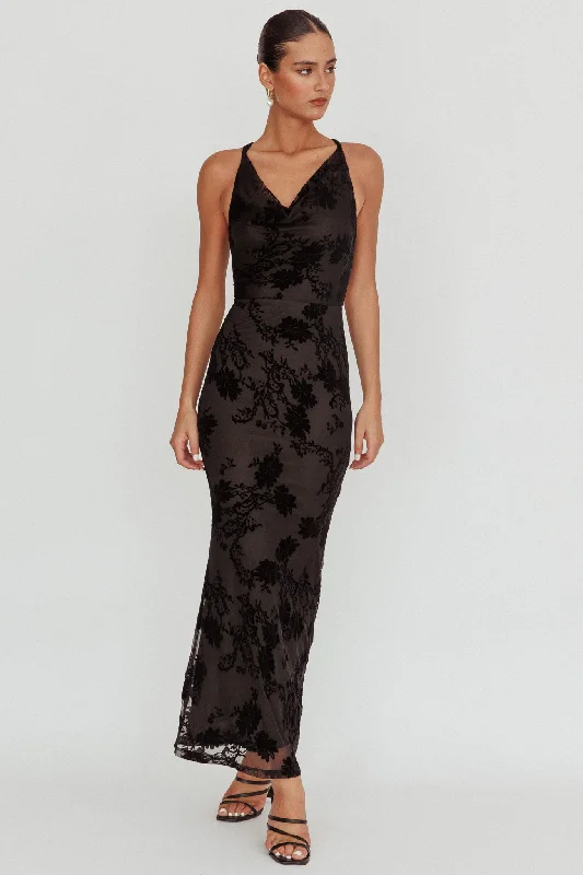 Delancy Cowl Neck Floral Maxi Dress Black Cozy Maxi Dress with Slit