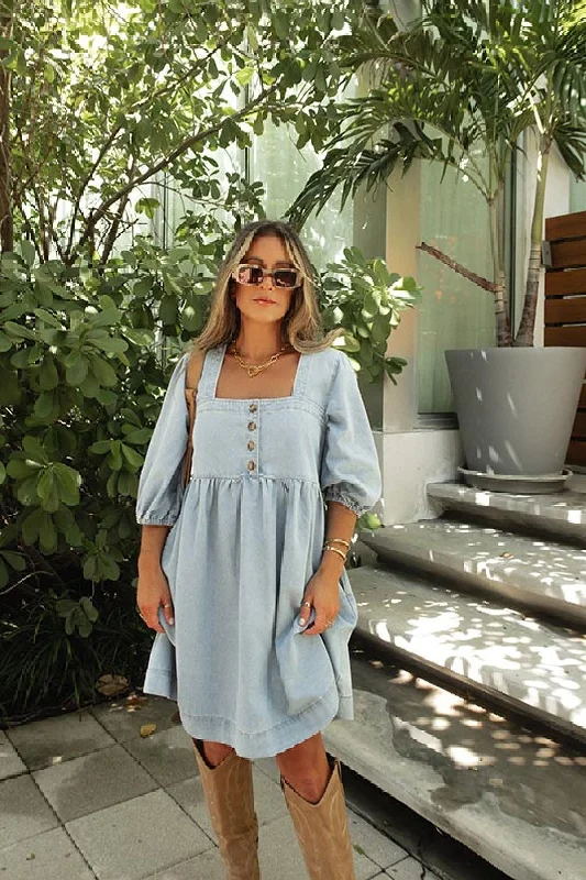 Denim Button Detail Babydoll Mini Dress Trendy Wraparound Mini Dress