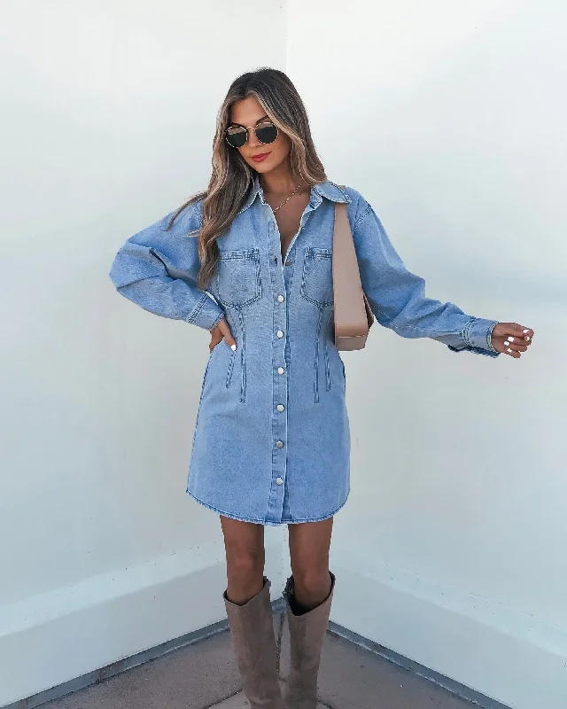Denim Long Sleeve Button Down Mini Dress Comfortable Boho Mini Dress