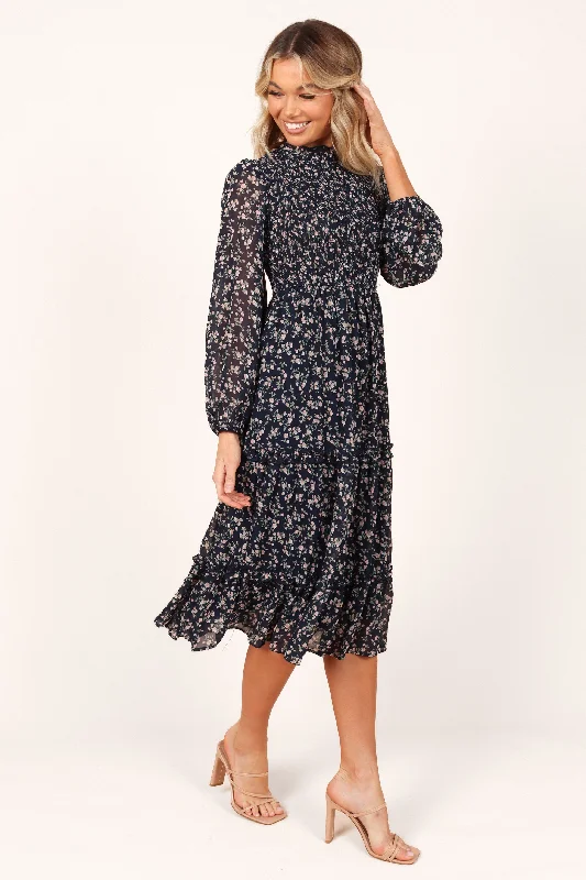 Edwina Shirred Frill Long Sleeve Midi Dress - Navy Floral Stylish Button-Down Midi Dress