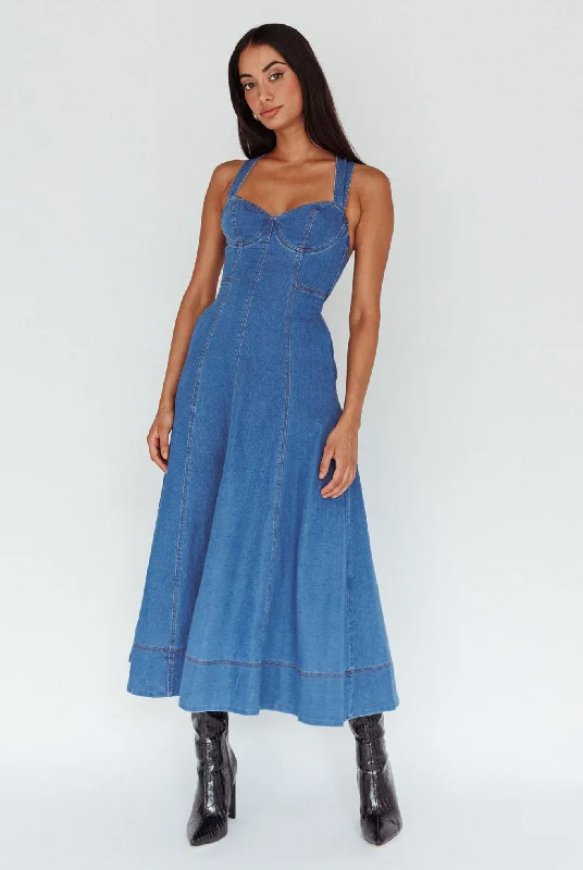 Ellora Criss-Cross Back Denim Maxi Dress Navy Elegant Maxi Dress with Drapes
