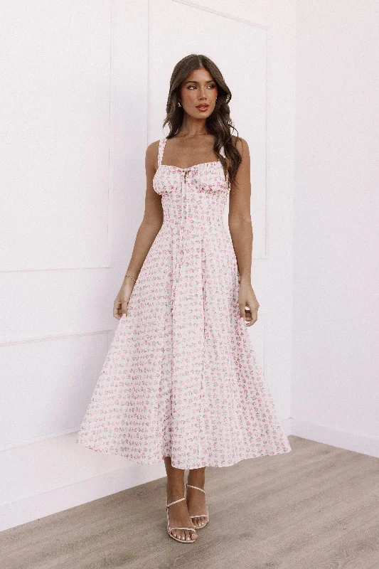 Elodie Midi Dress - Pink Floral Comfortable Denim Midi Dress