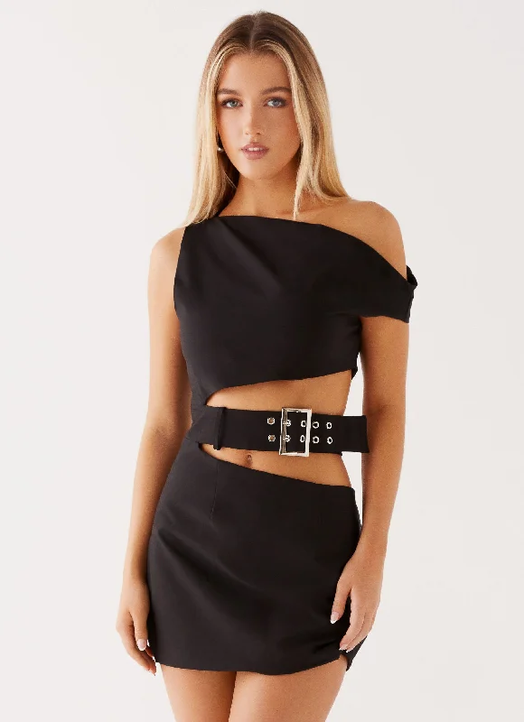 Elvira Belt Mini Dress - Black Stylish Plaid Mini Dress