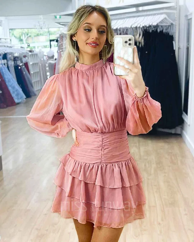 Elwood Chiffon Mini Dress - Dusty Pink Casual V-Neck Mini Dress