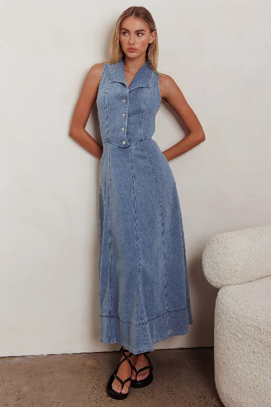 Entertain Me Sleeveless A-Line Maxi Dress Denim Blue Fashionable Printed Maxi Dress
