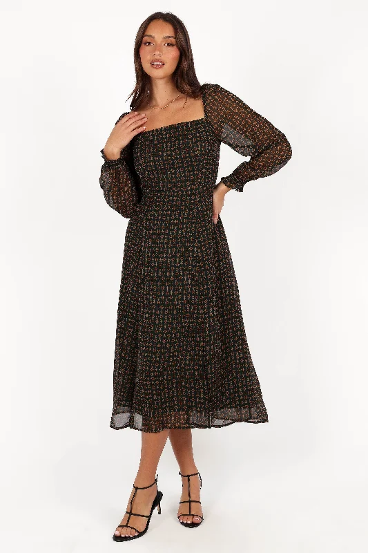 Ettie Long Sleeve Midi Dress - Pine/Tan Fashionable One-Shoulder Midi Dress