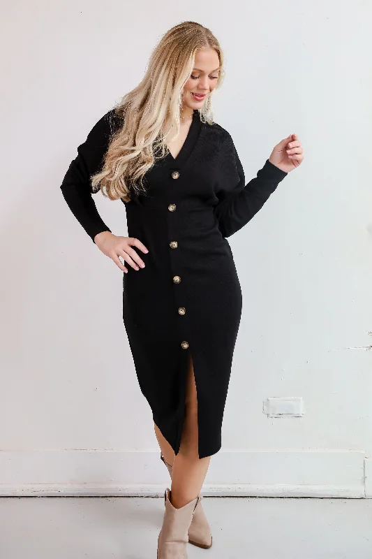 Exemplary Allure Black Ribbed Knit Midi Dress Fashionable Fitted Midi Dress