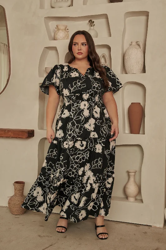Fabienne Floral Palmer Poplin Tiered Maxi Dress Curve Elegant Maxi Dress with Drapes