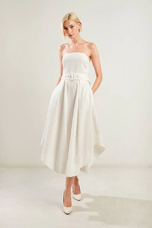 LIFE'S COMPASS WOVEN MIDI DRESS Trendy Off-Shoulder Button Midi Dress