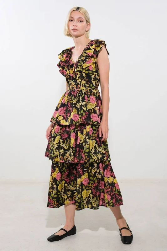 GRACEFUL GATHERING WOVEN MIDI DRESS Trendy Ruffle Hem Midi Dress