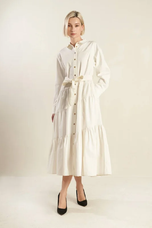 ANYTIME NOW WOVEN TWILL MIDI DRESS Fashionable One-Shoulder Midi Dress