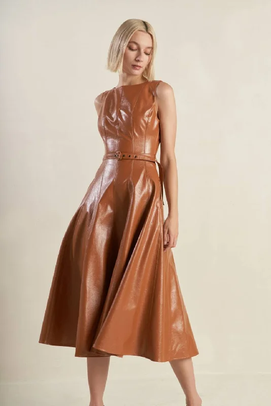 LUNAR SYMPHONY FAUX LEATHER MIDI DRESS Comfortable Button Front Midi Dress