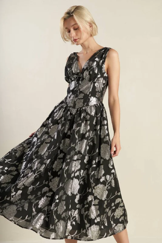 EXOTIC BREEZE WOVEN MIDI DRESS Fashionable Floral Embroidery Midi Dress