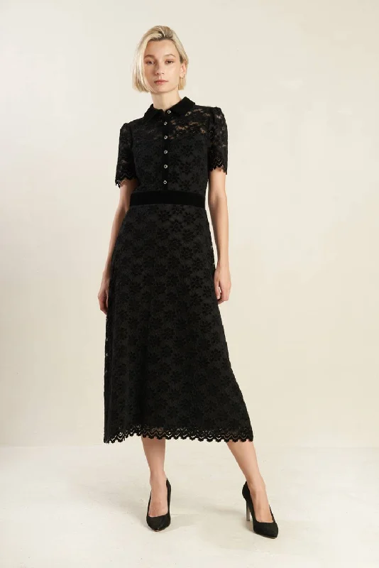 BOLD SYMPHONY WOVEN LACE MIDI DRESS Trendy Flared Sleeve Midi Dress