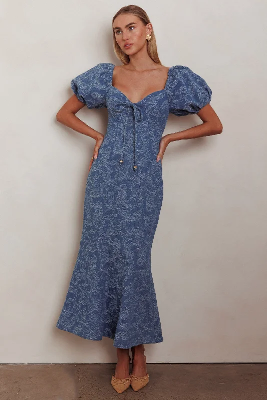 Feeling Electric Puff Sleeves Mermaid Maxi Dress Denim Blue Comfortable Fitted Maxi Dress