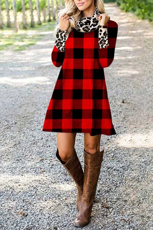 Florcoo Plaid Leopard Stitching Mini Dresses Elegant Mini Dress with Pleats