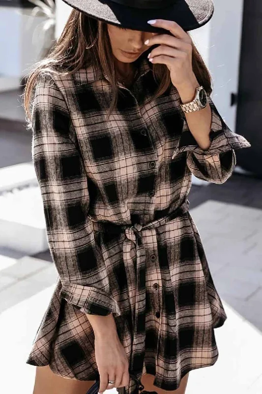 Florcoo Long Sleeve Plaid Shirt Mini Dress Stylish Button-Down Mini Dress