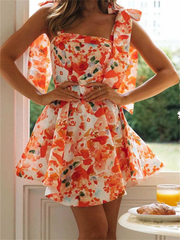 Flower Print Sleeveless Tie-Up Mini Dresses Fashionable Party Mini Dress