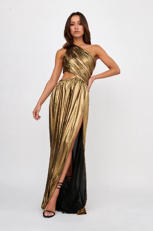 Fortuna One Shoulder Split Maxi Dress Black/Gold Stylish A-Line Maxi Dress