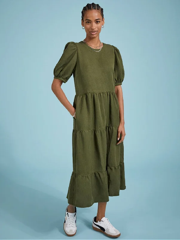 Georgiana TENCEL™ Tiered Midi Dress | Dark Olive Fashionable Pencil Midi Dress