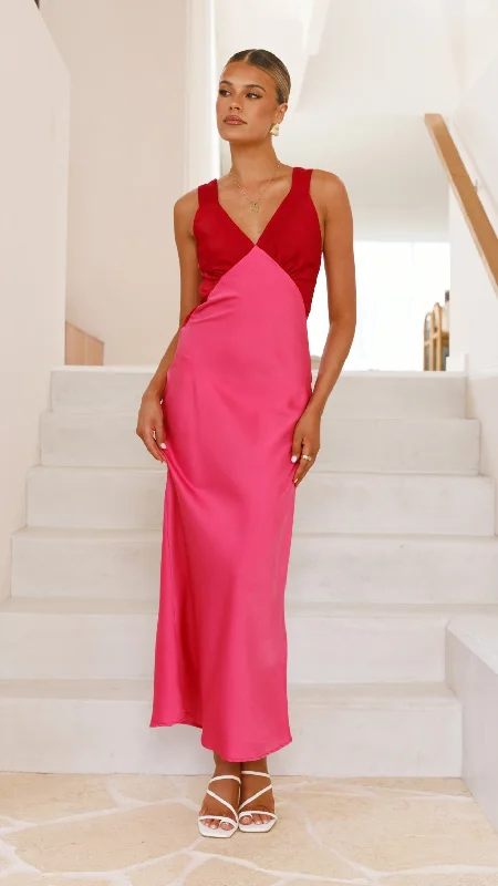 Glacia Maxi Dress - Pink/Red Trendy V-Neck Maxi Dress