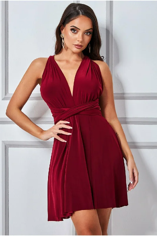 Goddiva Multiway Mini Dress - Wine Fashionable Pleated Mini Dress