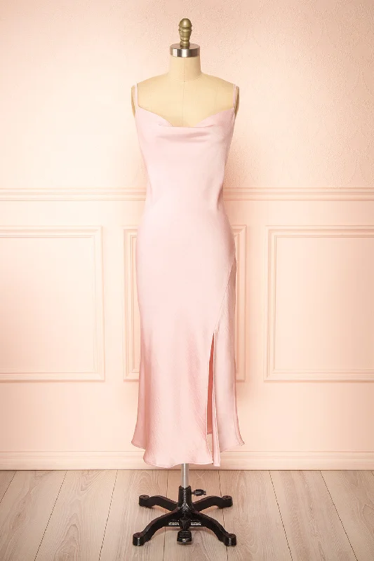 Gracie | Satin Pink Cowl Neck Midi Dress Stylish Halter Neck Midi Dress
