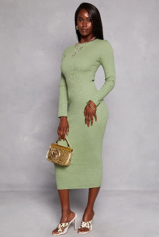 Daisy Ribbed Crew Neck Midi Dress Trendy Fit-and-Flare Midi Dress