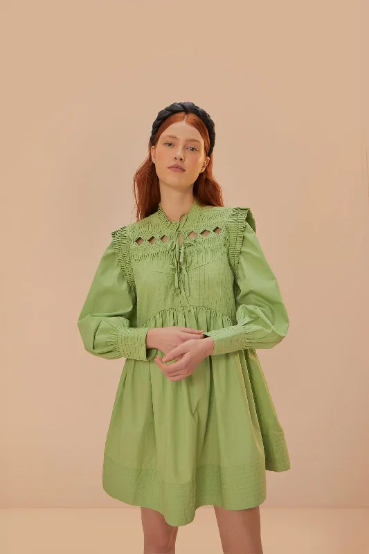 Green Open Yoke Mini Dress Elegant Tulle Mini Dress